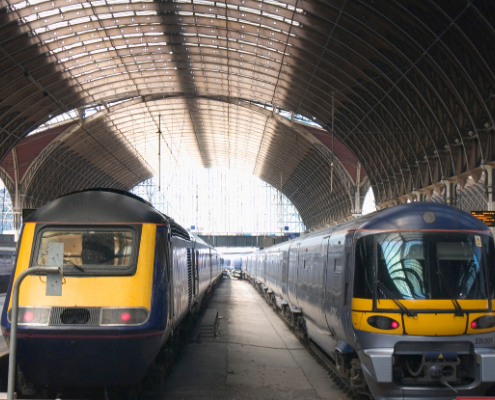 Trains parked in a Train Station