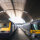 Trains parked in a Train Station